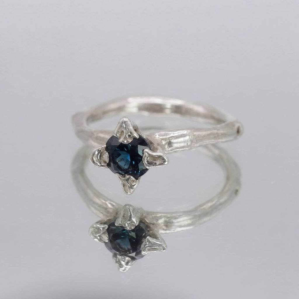 Anish engagement ring in silver with a blue spinel by Innan Jewellery