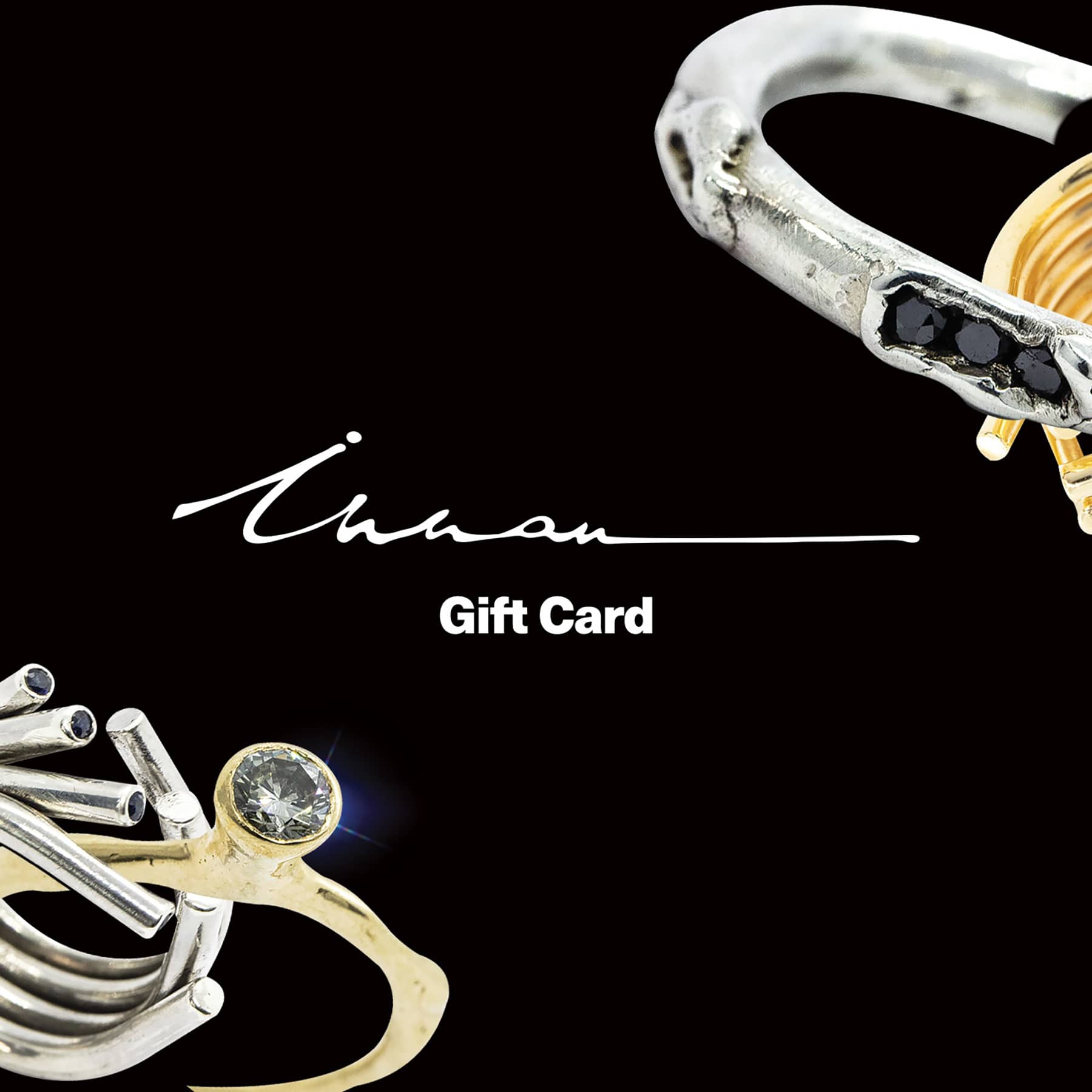 gift card jewellery collage on black background with logo, INNAN Jewellery Berlin
