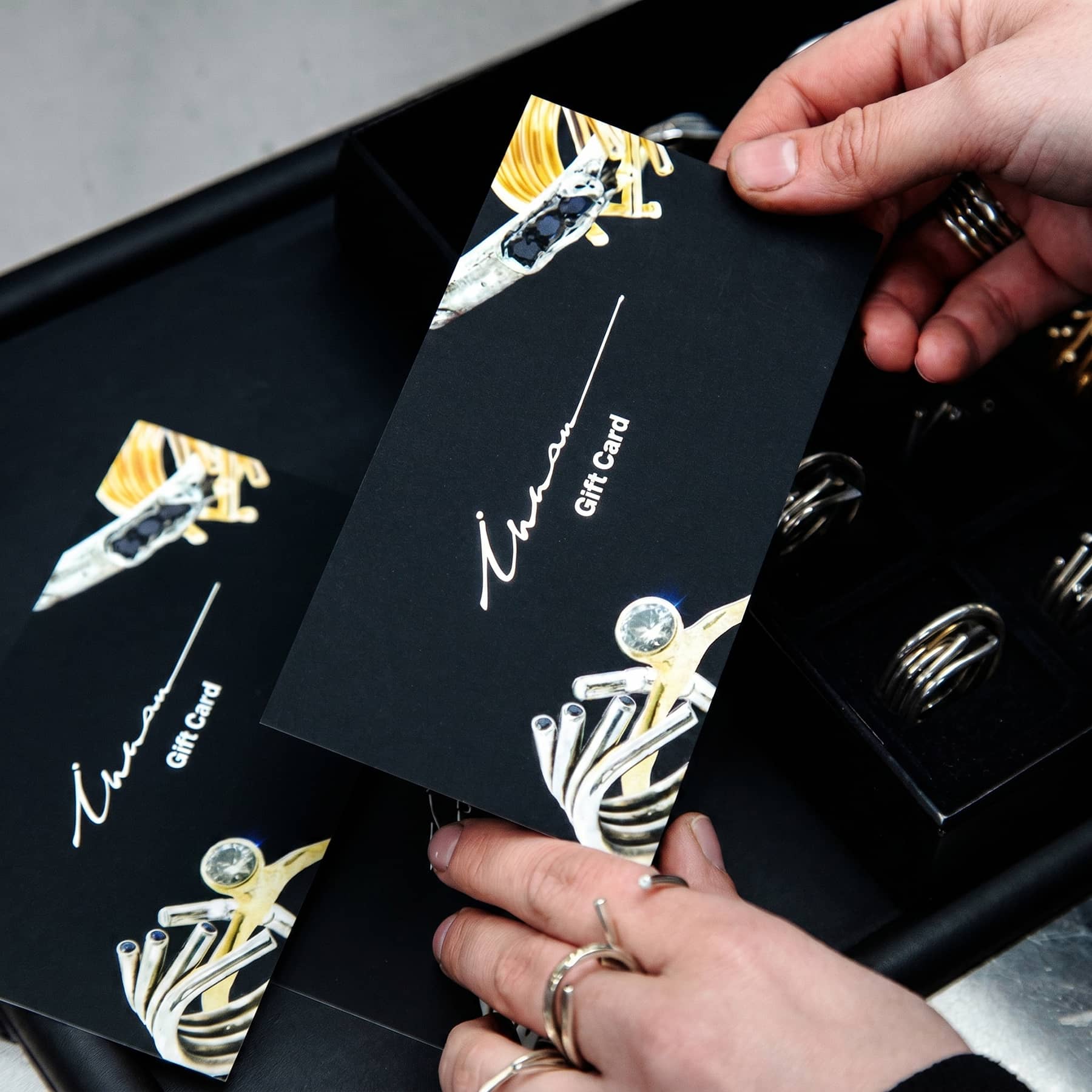 gift card jewellery collage on black background with logo, INNAN Jewellery Berlin