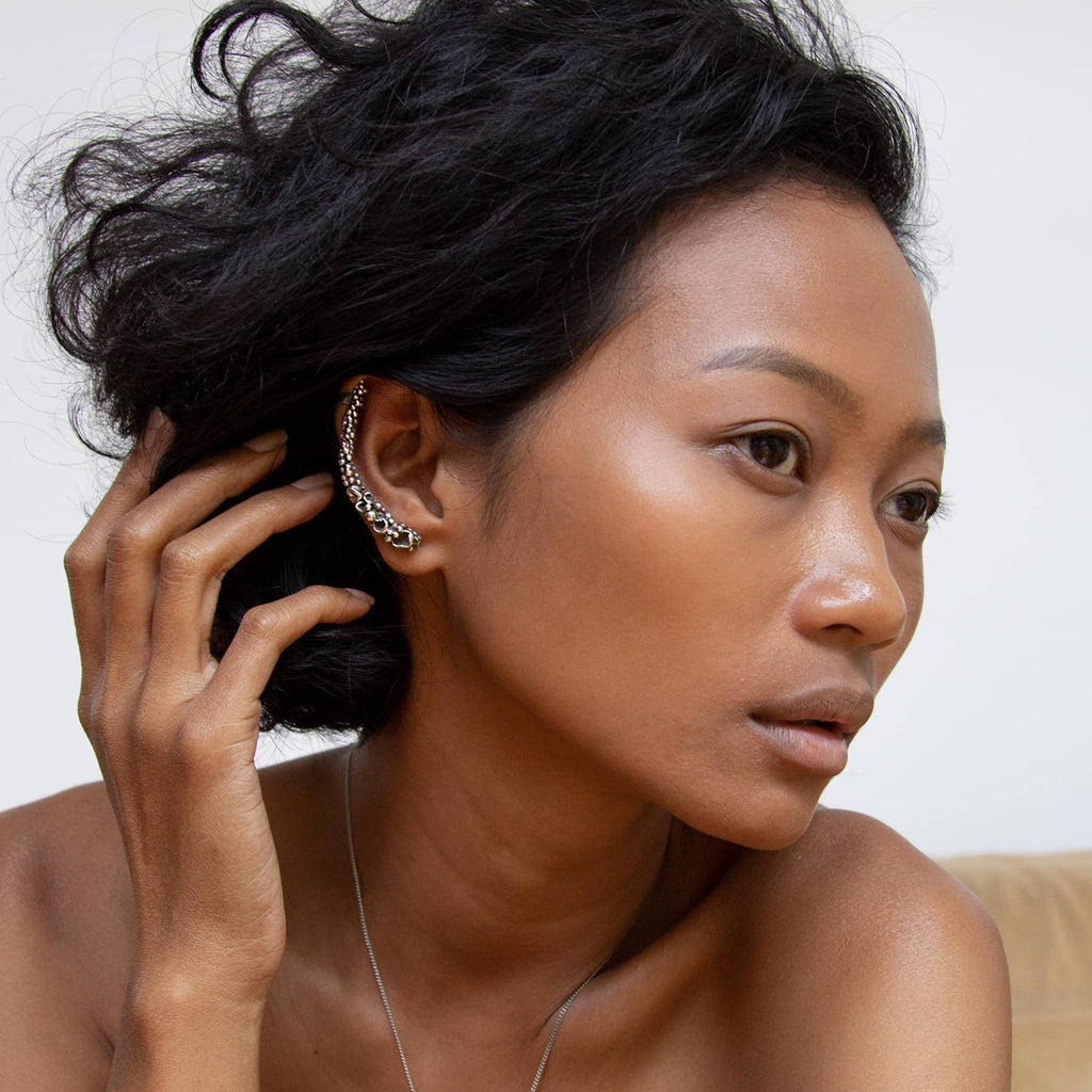 silver stardust ear cuff, worn on ear, INNAN Jewellery Berlin